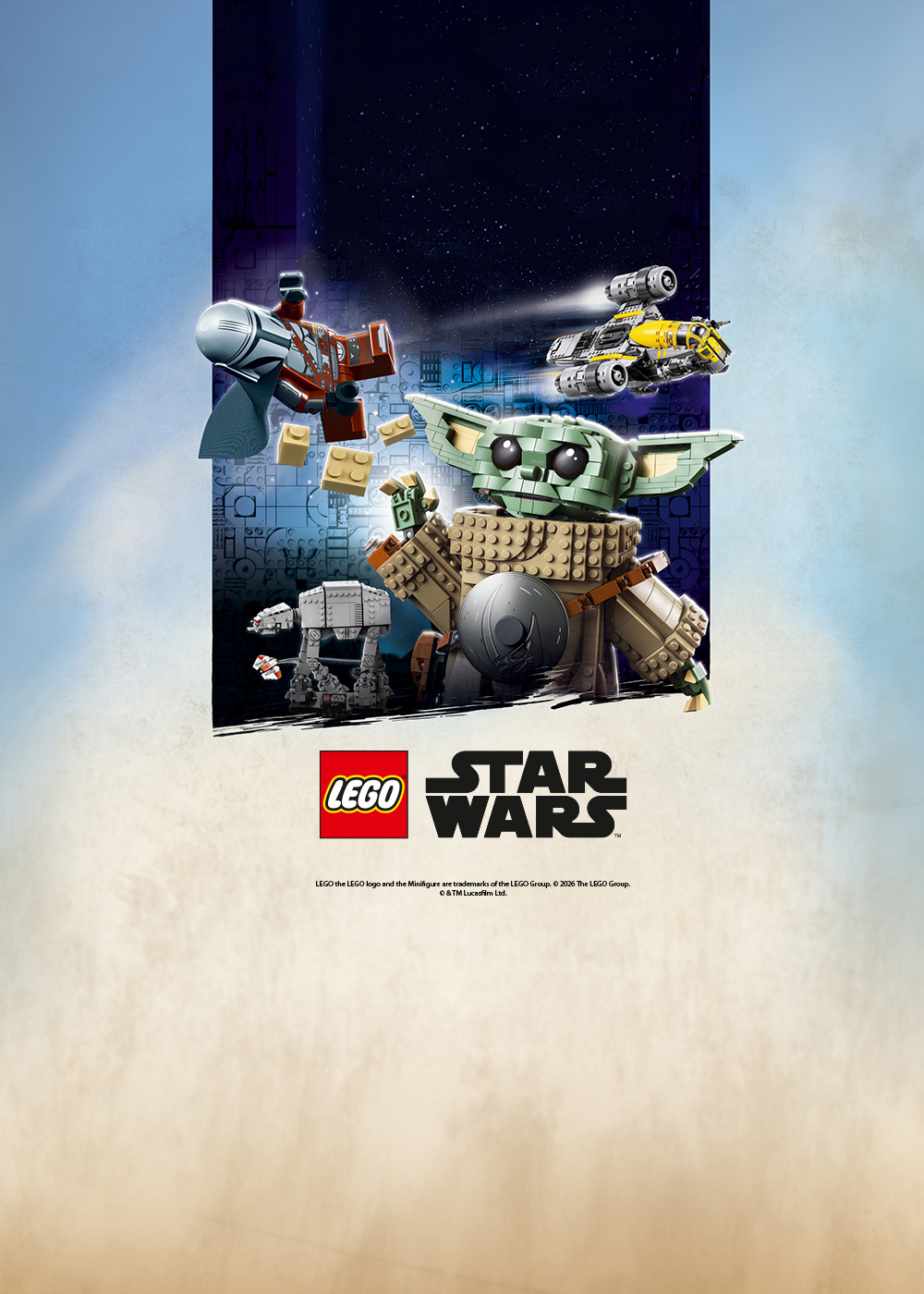 wydarzenie LEGO® Star Wars™ z postacią Grogu, statkami kosmicznymi i pojazdami z klocków LEGO® na tle kosmicznej scenerii.