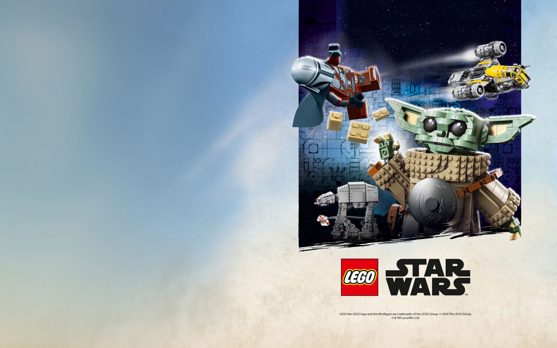wydarzenie LEGO® Star Wars™ z postacią Grogu, statkami kosmicznymi i pojazdami z klocków LEGO® na tle kosmicznej scenerii.
