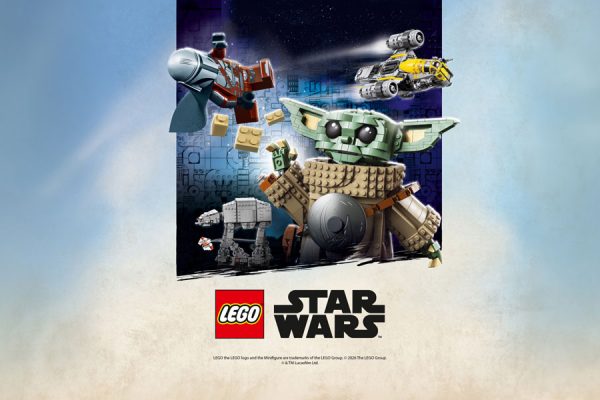 wydarzenie LEGO® Star Wars™ z postacią Grogu, statkami kosmicznymi i pojazdami z klocków LEGO® na tle kosmicznej scenerii.
